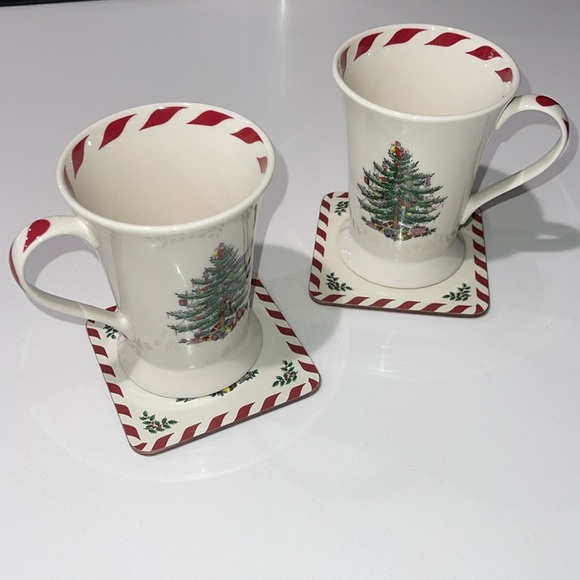 SPODE NWOB “Christmas Tree” Coffee, Tea or Hot Cocoa Set of 2 Mugs & 2 Coasters. - Picture 8 of 10